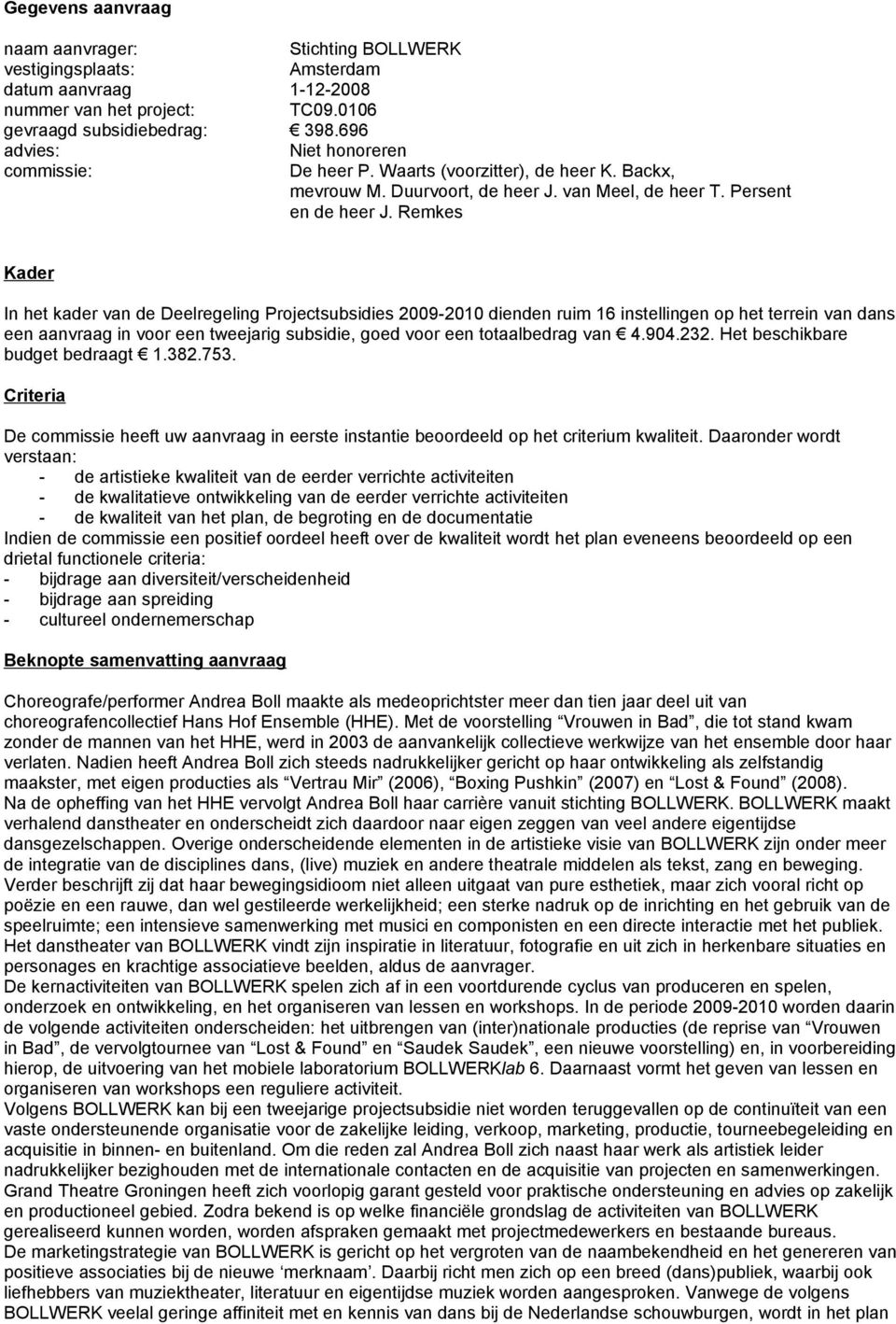 Remkes Kader In het kader van de Deelregeling Projectsubsidies 2009-2010 dienden ruim 16 instellingen op het terrein van dans een aanvraag in voor een tweejarig subsidie, goed voor een totaalbedrag