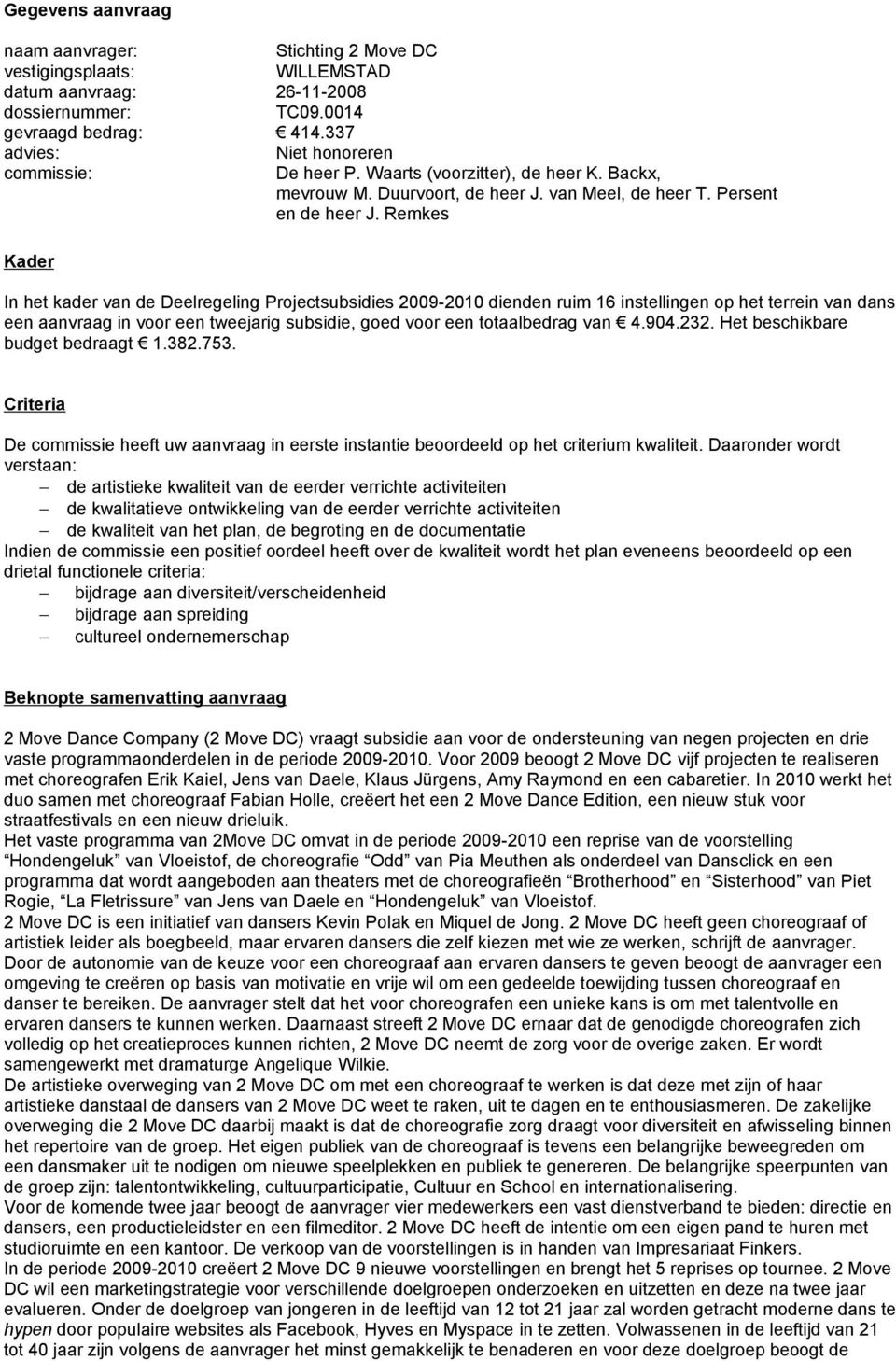 Remkes Kader In het kader van de Deelregeling Projectsubsidies 2009-2010 dienden ruim 16 instellingen op het terrein van dans een aanvraag in voor een tweejarig subsidie, goed voor een totaalbedrag