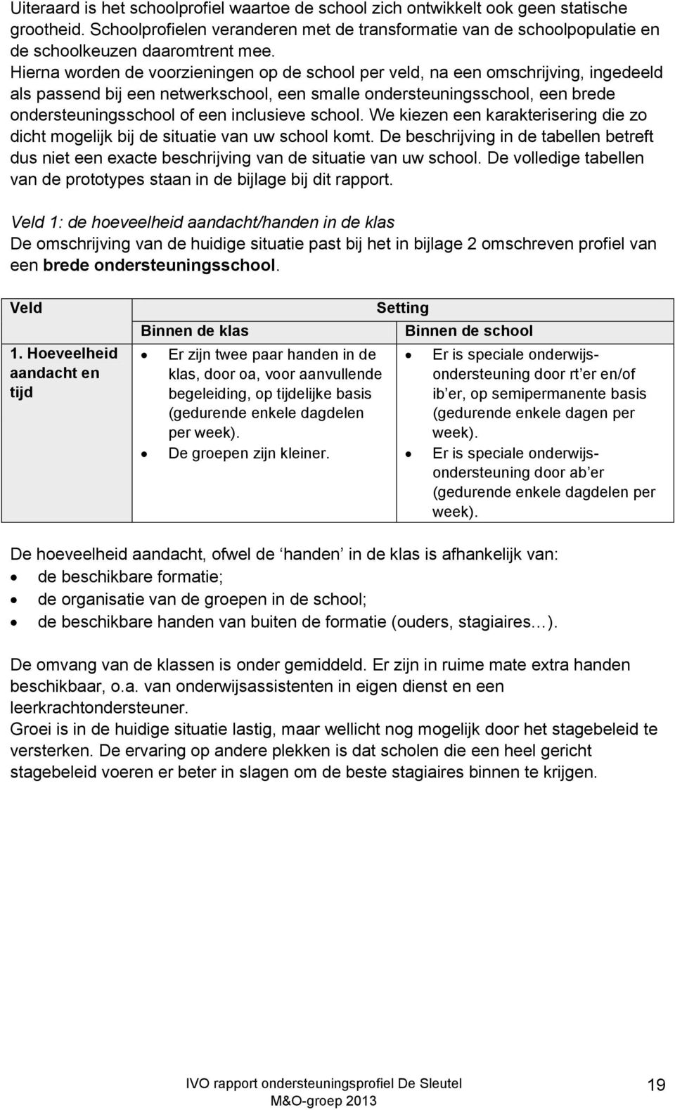 Hierna worden de voorzieningen op de school per veld, na een omschrijving, ingedeeld als passend bij een netwerkschool, een smalle ondersteuningsschool, een brede ondersteuningsschool of een