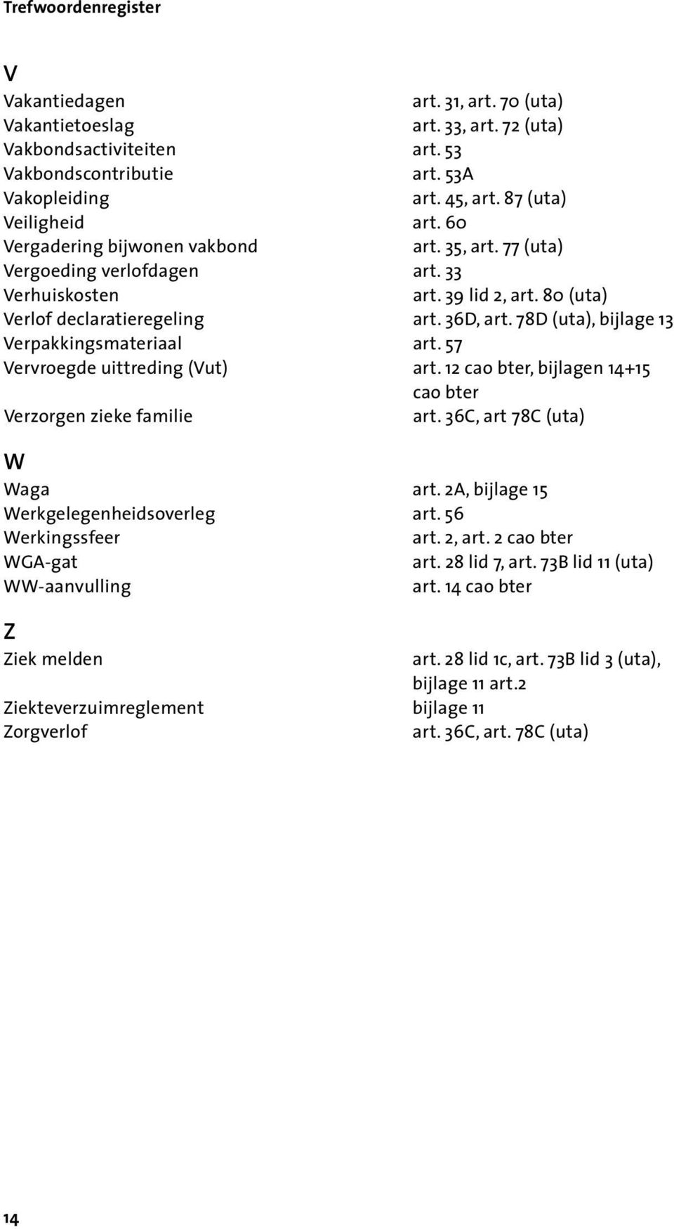 78D (uta), bijlage 13 Verpakkingsmateriaal art. 57 Vervroegde uittreding (Vut) art. 12 cao bter, bijlagen 14+15 cao bter Verzorgen zieke familie art. 36C, art 78C (uta) W Waga art.