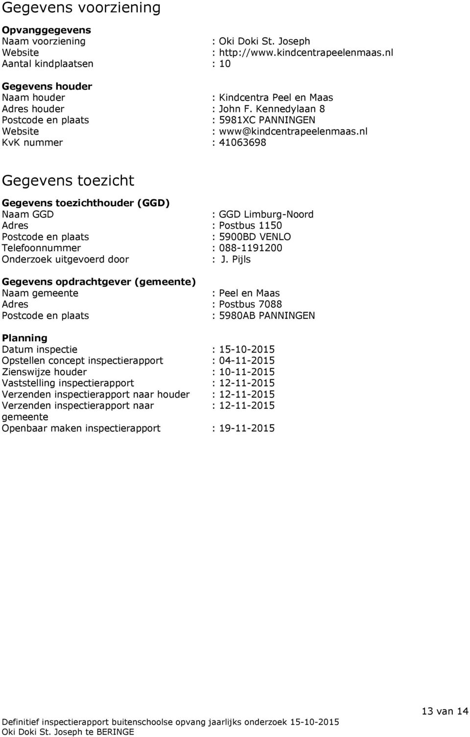 nl KvK nummer : 41063698 Gegevens toezicht Gegevens toezichthouder (GGD) Naam GGD : GGD Limburg-Noord Adres : Postbus 1150 Postcode en plaats : 5900BD VENLO Telefoonnummer : 088-1191200 Onderzoek
