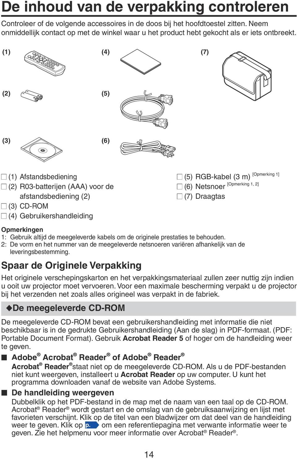 (1) (4) (7) (2) (5) (3) (6) (1) Afstandsbediening (2) R03-batterijen (AAA) voor de afstandsbediening (2) (3) CD-ROM (4) Gebruikershandleiding (5) RGB-kabel (3 m) (6) Netsnoer (7) Draagtas [Opmerking