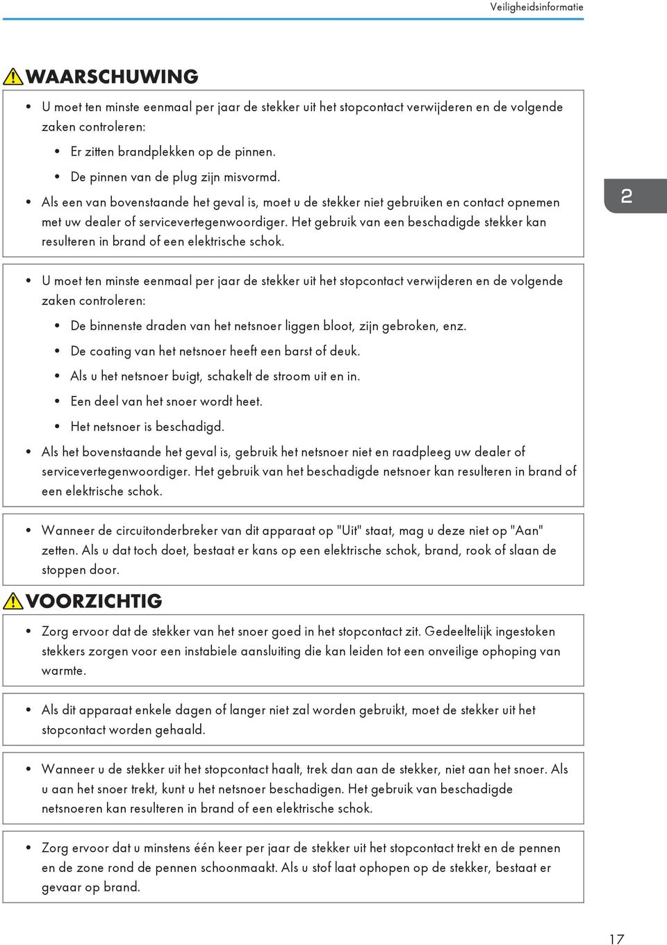 Het gebruik van een beschadigde stekker kan resulteren in brand of een elektrische schok.