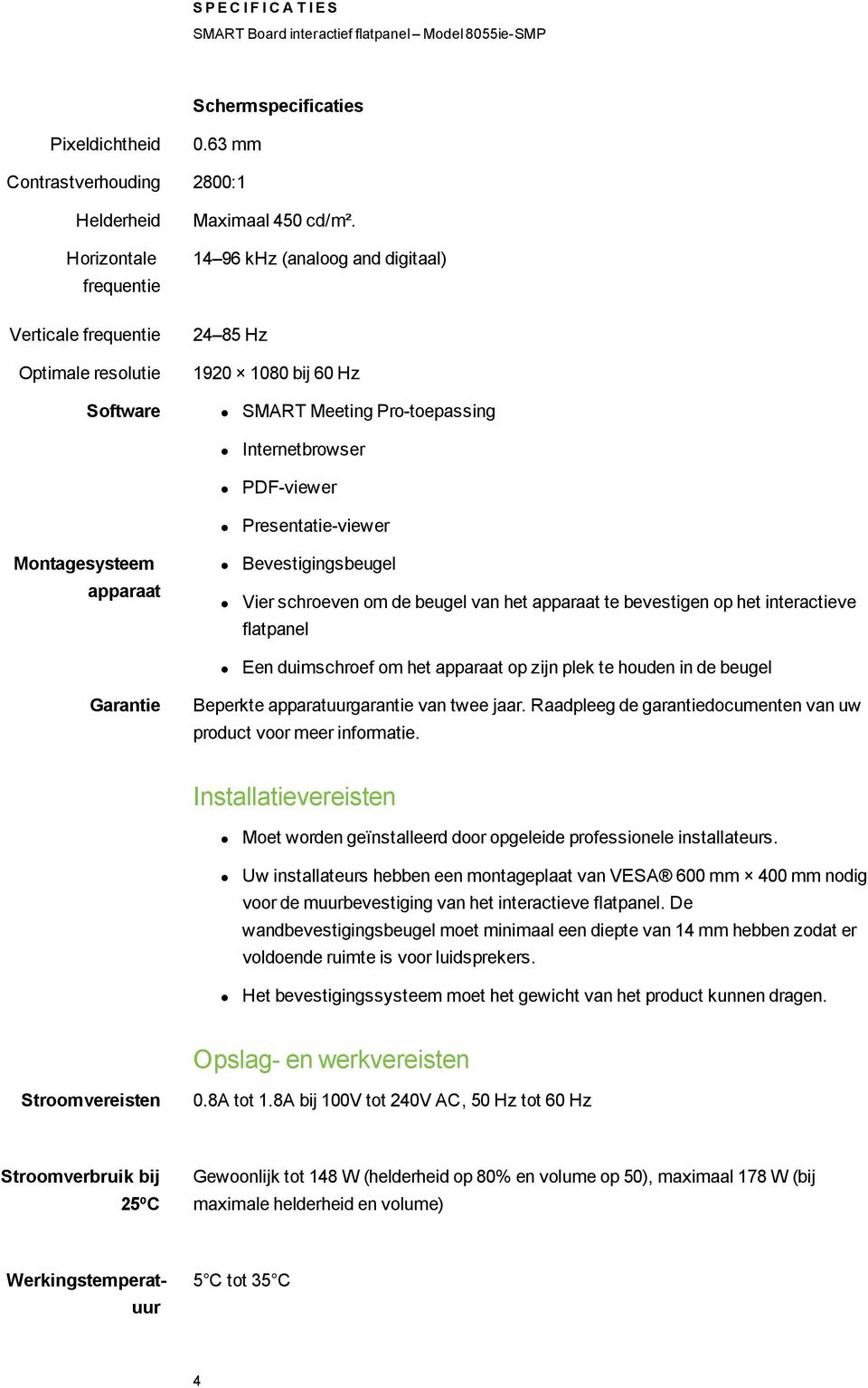 schroeven om de beugel van het apparaat te bevestigen op het interactieve flatpanel Een duimschroef om het apparaat op zijn plek te houden in de beugel Garantie Beperkte apparatuurgarantie van twee