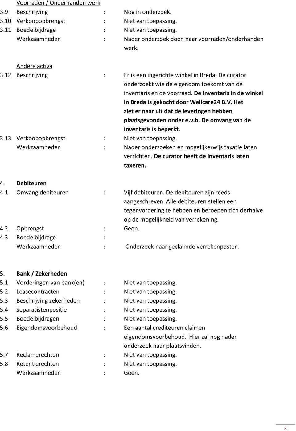 De curator onderzoekt wie de eigendom toekomt van de inventaris en de voorraad. De inventaris in de winkel in Breda is gekocht door Wellcare24 B.V.