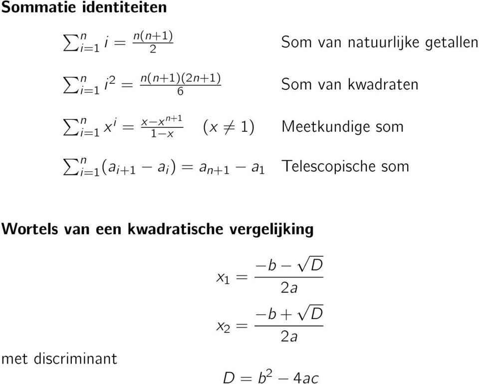 Meetkundige som n i= (a i+ a i ) = a n+ a Telescopische som Wortels van