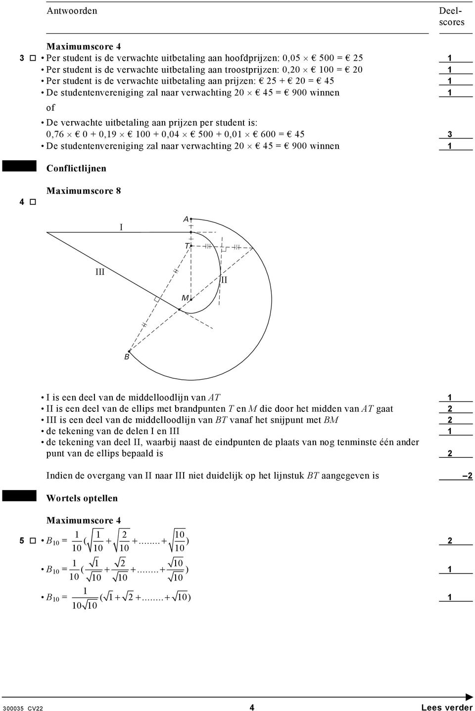 naar verwachting 0 45 = 900 winnen Conflictlijnen 4 Maimumscore 8 I A T III II M B I is een deel van de middelloodlijn van AT II is een deel van de ellips met brandpunten T en M die door het midden