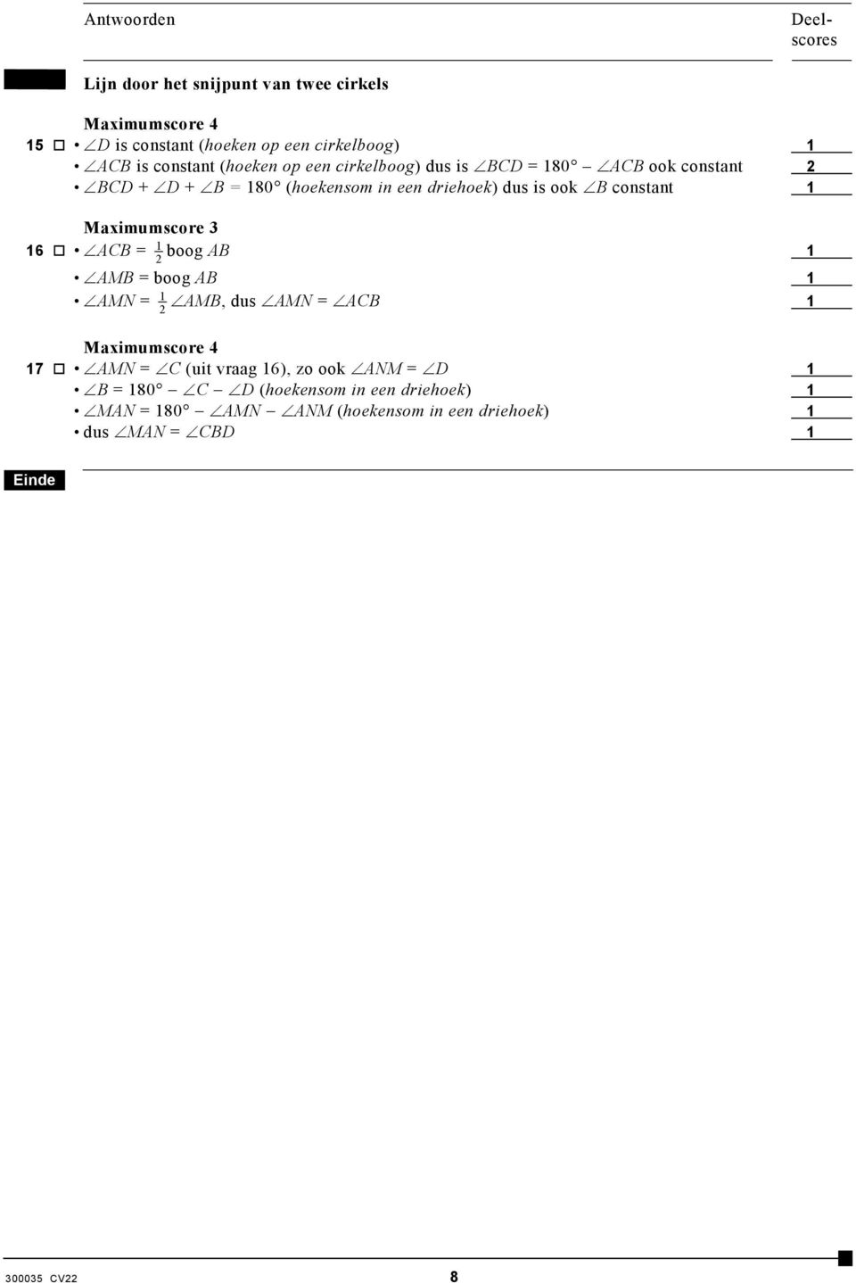 Maimumscore 3 6 ACB = boog AB AMB = boog AB AMN = AMB, dus AMN = ACB 7 AMN = C (uit vraag 6), zo ook ANM = D B = 80