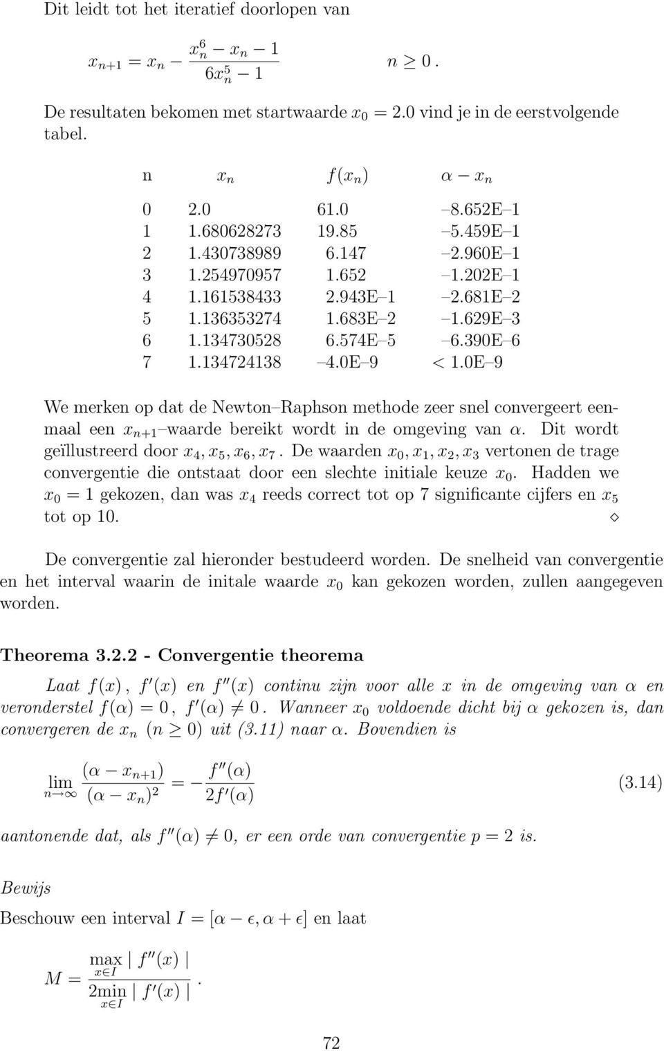 134724138 4.0E 9 < 1.0E 9 We merken op dat de Newton Raphson methode zeer snel convergeert eenmaal een x n+1 waarde bereikt wordt in de omgeving van α. Dit wordt geïllustreerd door x 4, x 5, x 6, x 7.