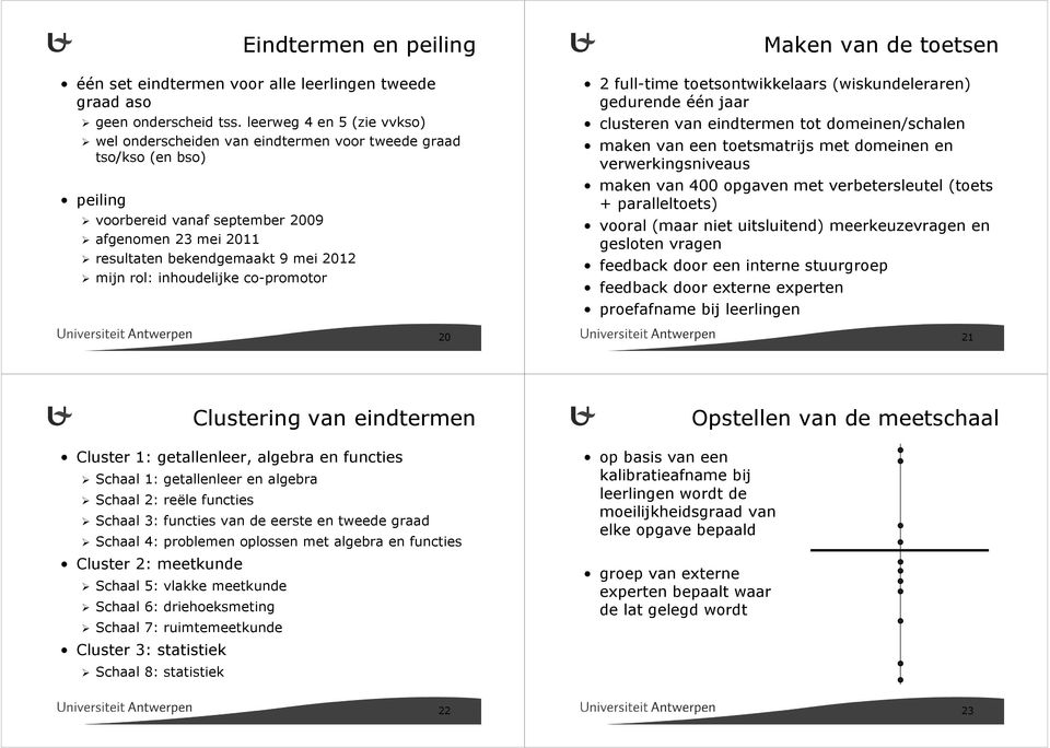 rol: inhoudelijke co-promotor Eindtermen en peiling 20 2 full-time toetsontwikkelaars (wiskundeleraren) gedurende één jaar clusteren van eindtermen tot domeinen/schalen maken van een toetsmatrijs met