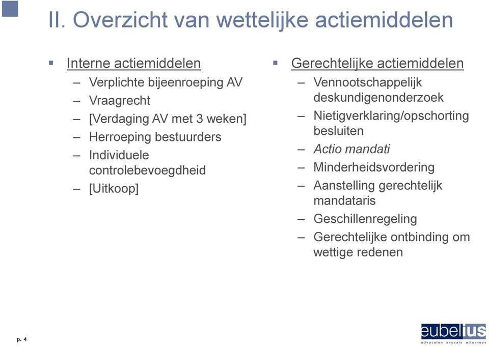 actiemiddelen Vennootschappelijk deskundigenonderzoek Nietigverklaring/opschorting besluiten Actio mandati