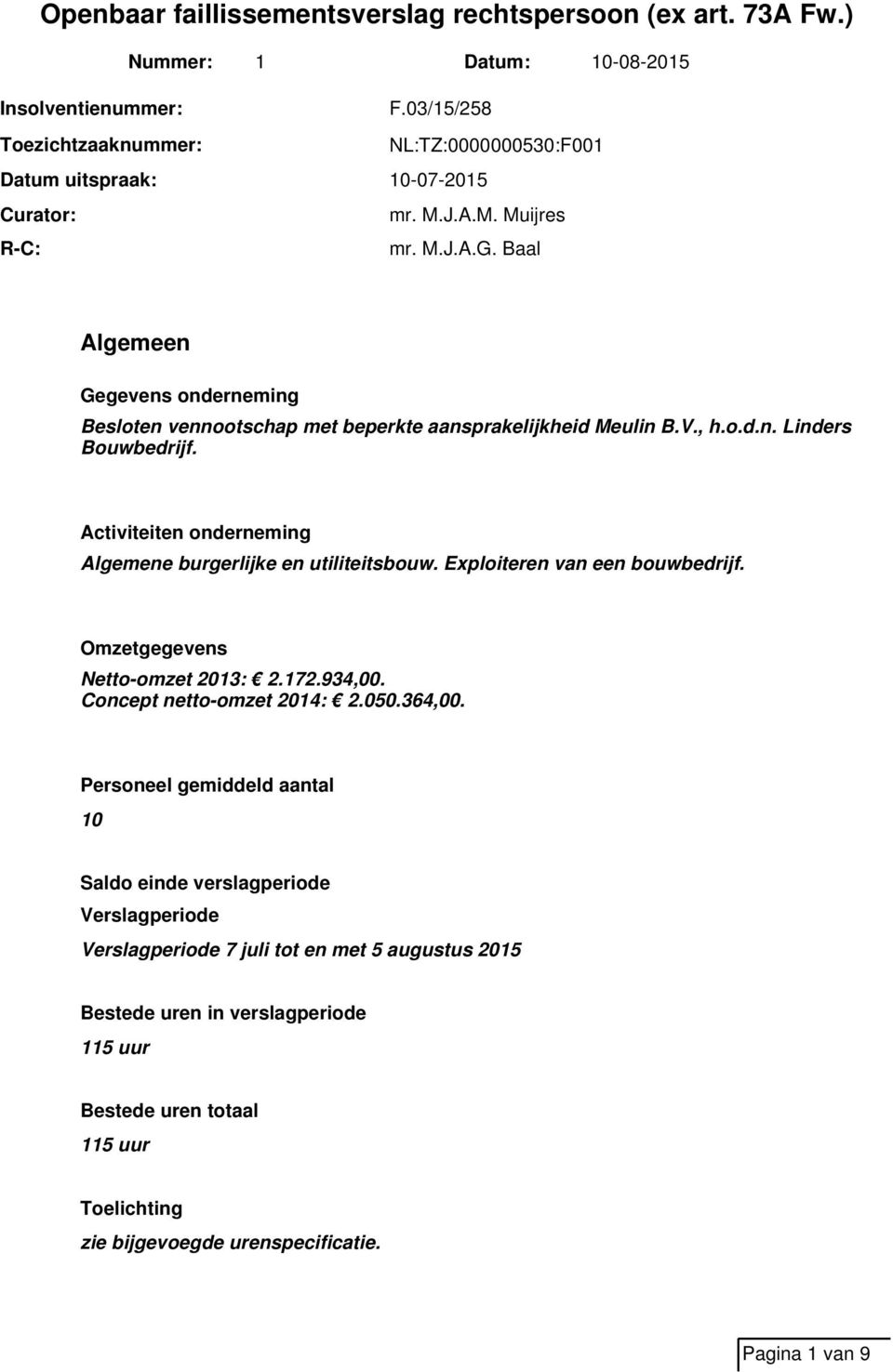 Activiteiten onderneming Algemene burgerlijke en utiliteitsbouw. Exploiteren van een bouwbedrijf. Omzetgegevens Netto-omzet 2013: 2.172.934,00. Concept netto-omzet 2014: 2.050.