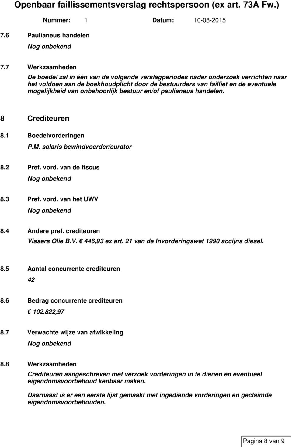 van onbehoorlijk bestuur en/of paulianeus handelen. 8 Crediteuren 8.1 Boedelvorderingen P.M. salaris bewindvoerder/curator 8.2 Pref. vord. van de fiscus 8.3 Pref. vord. van het UWV 8.4 Andere pref.