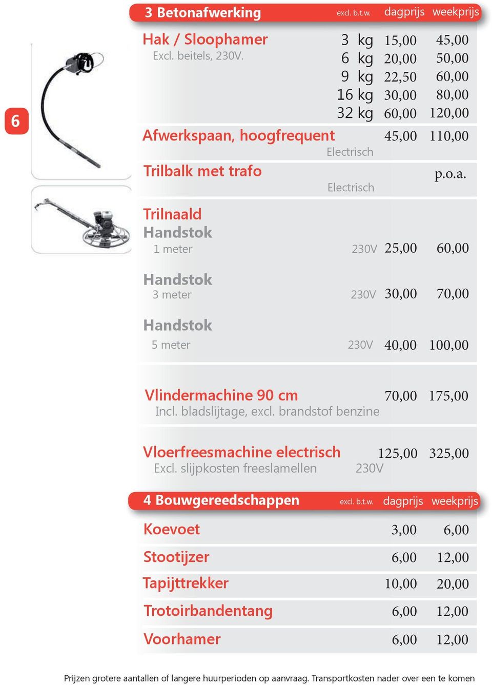 bladslijtage, excl. brandstof benzine 70,00 175,00 Vloerfreesmachine electrisch Excl. slijpkosten freeslamellen 125,00 325,00 4 Bouwg