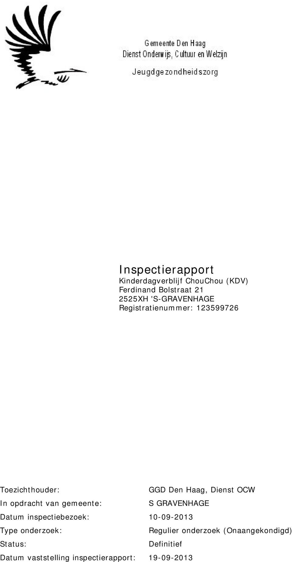 opdracht van gemeente: S GRAVENHAGE Datum inspectiebezoek: 10-09-2013 Type onderzoek :