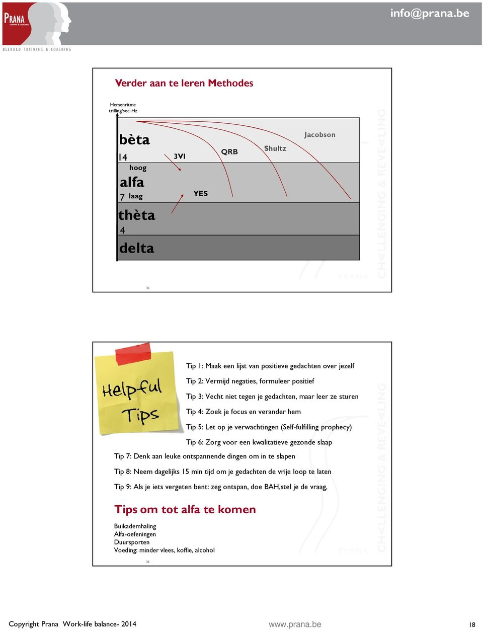 (Self-fulfilling prophecy) Tip 6: Zorg voor een kwalitatieve gezonde slaap Tip 7: Denk aan leuke ontspannende dingen om in te slapen Tip 8: Neem dagelijks 15 min tijd om je gedachten de