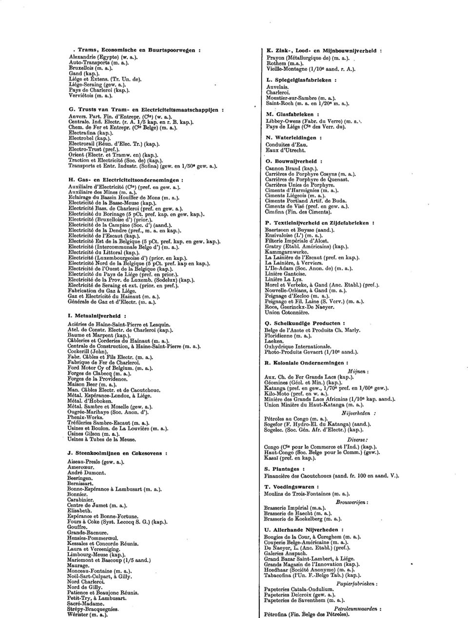 de Fer et Entrepr. (Cie Beige) (m. a.). Electrafina (kap.). Electrobel (kap.). Electrorail (Réun. d'elec. Tr.) (kap.). Electro-Trust (pref.). Orient (Electr. et Tramw. en) (kap.). Traction et Electricité (Soc.