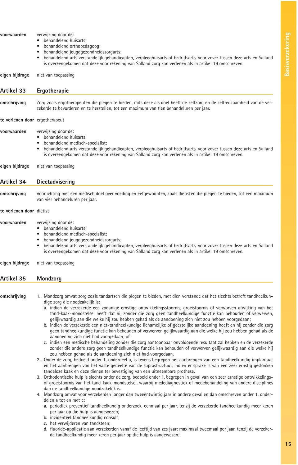 niet van toepassing Basisverzekering Artikel 33 Ergotherapie Zorg zoals ergotherapeuten die plegen te bieden, mits deze als doel heeft de zelfzorg en de zelfredzaamheid van de verzekerde te