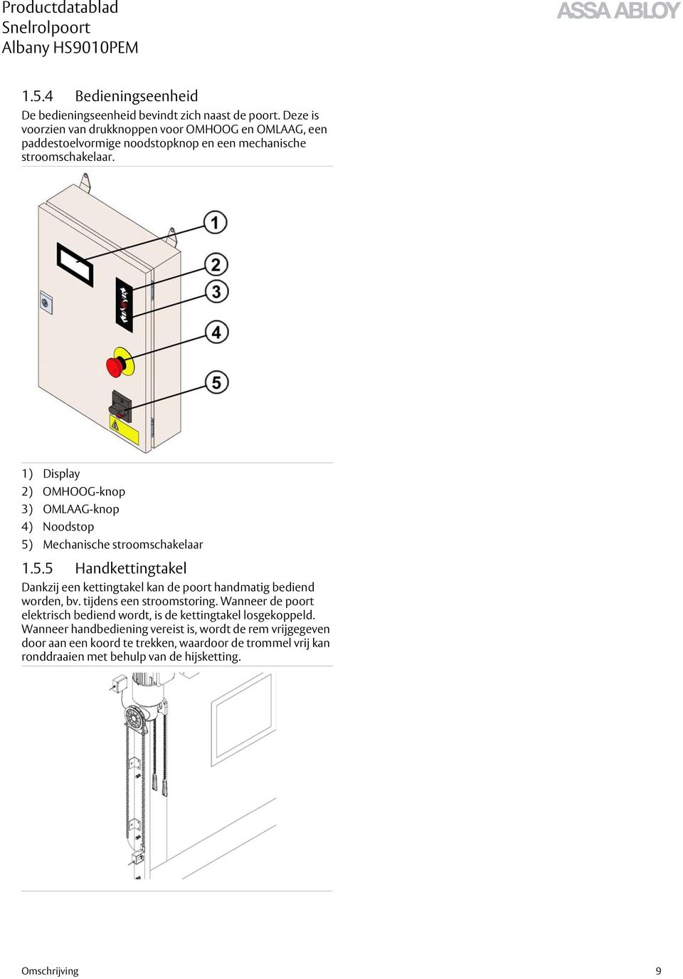 1) Display 2) OMHOOG-knop 3) OMLAAG-knop 4) Noodstop 5) Mechanische stroomschakelaar 1.5.5 Handkettingtakel Dankzij een kettingtakel kan de poort handmatig bediend worden, bv.