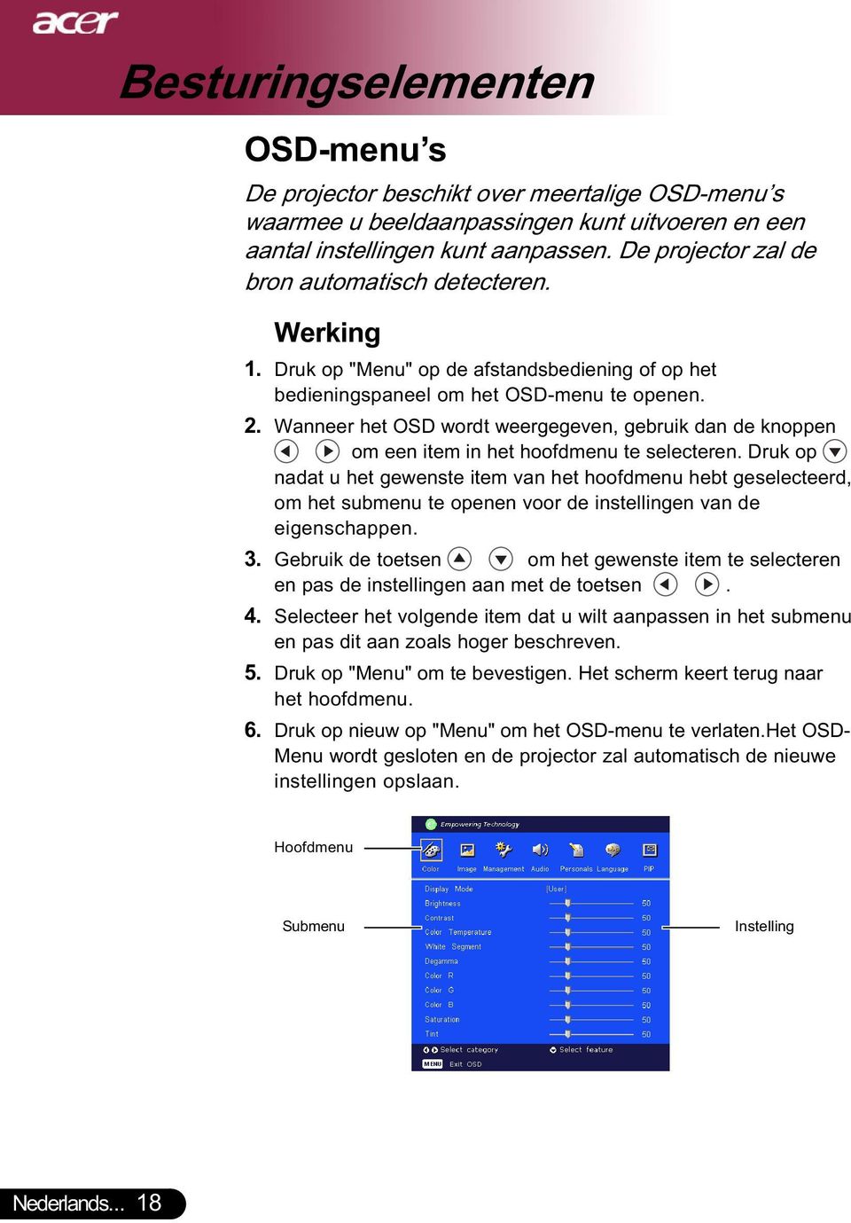 Wanneer het OSD wordt weergegeven, gebruik dan de knoppen om een item in het hoofdmenu te selecteren.