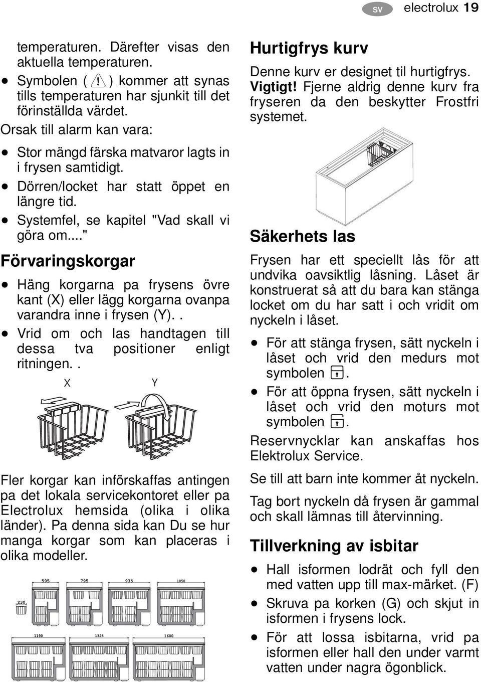 .." Förvaringskorgar Häng korgarna pa frysens övre kant (X) eller lägg korgarna ovanpa varandra inne i frysen (Y).. Vrid om och las handtagen till dessa tva positioner enligt ritningen.