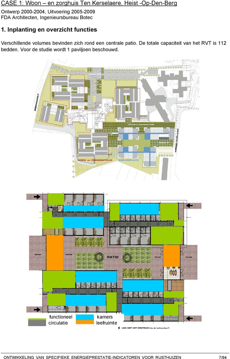 Inplanting en overzicht functies Verschillende volumes bevinden zich rond een centrale patio.