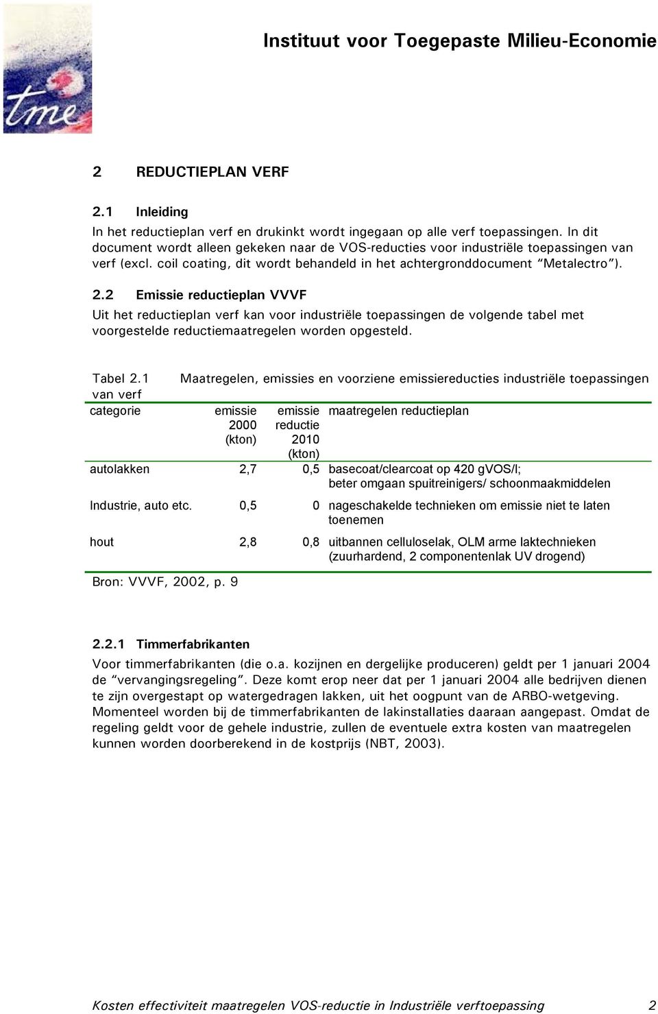 2 Emissie reductieplan VVVF Uit het reductieplan verf kan voor industriële toepassingen de volgende tabel met voorgestelde reductiemaatregelen worden opgesteld. Tabel 2.