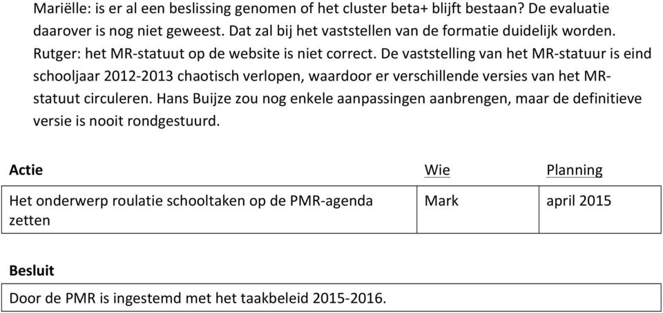 De vaststelling van het MR- statuur is eind schooljaar 2012-2013 chaotisch verlopen, waardoor er verschillende versies van het MR- statuut circuleren.