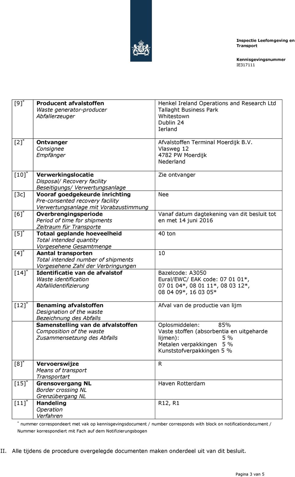 hoeveelheid Total intended quantity Vorgesehene Gesamtmenge [4] * Aantal transporten Total intended number of shipments Vorgesehene Zahl der Verbringungen [14] * Identificatie van de afvalstof Waste