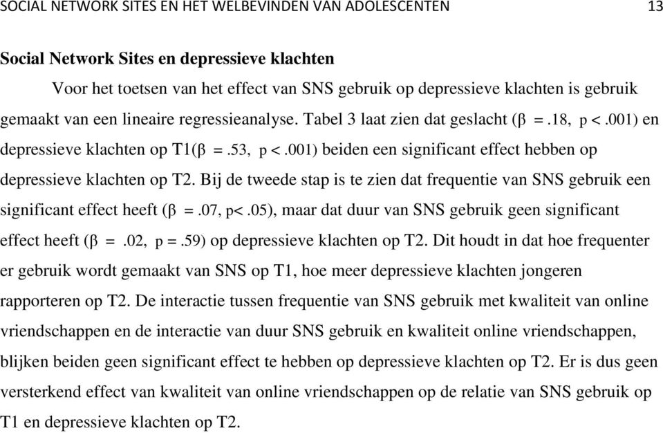 Bij de tweede stap is te zien dat frequentie van SNS gebruik een significant effect heeft (β =.07, p<.05), maar dat duur van SNS gebruik geen significant effect heeft (β =.02, p =.