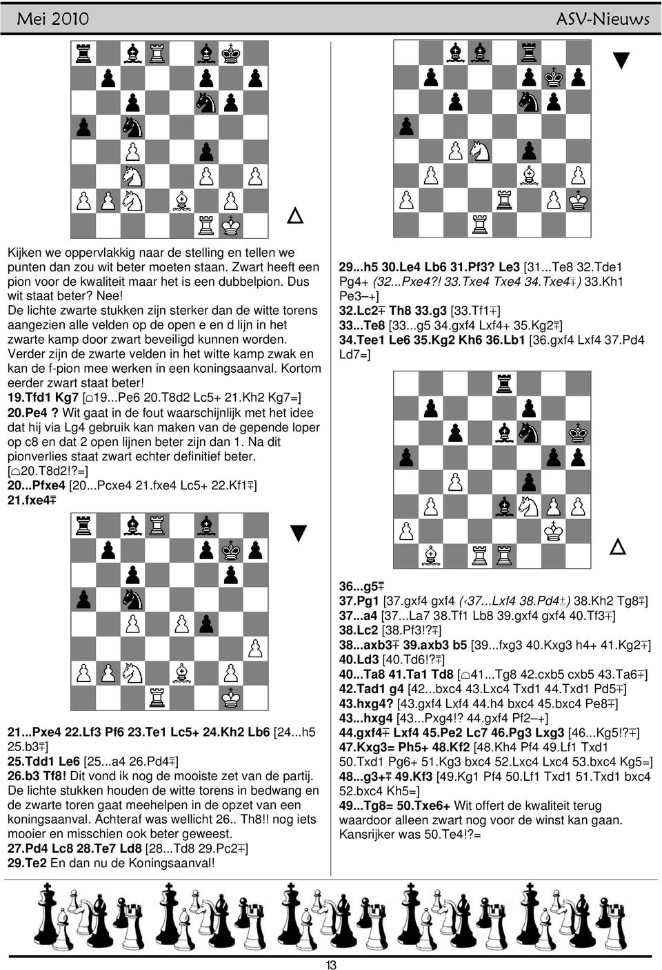 Verder zijn de zwarte velden in het witte kamp zwak en kan de f-pion mee werken in een koningsaanval. Kortom eerder zwart staat beter! 19.Tfd1 Kg7 [¹19...Pe6 20.T8d2 Lc5+ 21.Kh2 Kg7=] 20.Pe4?