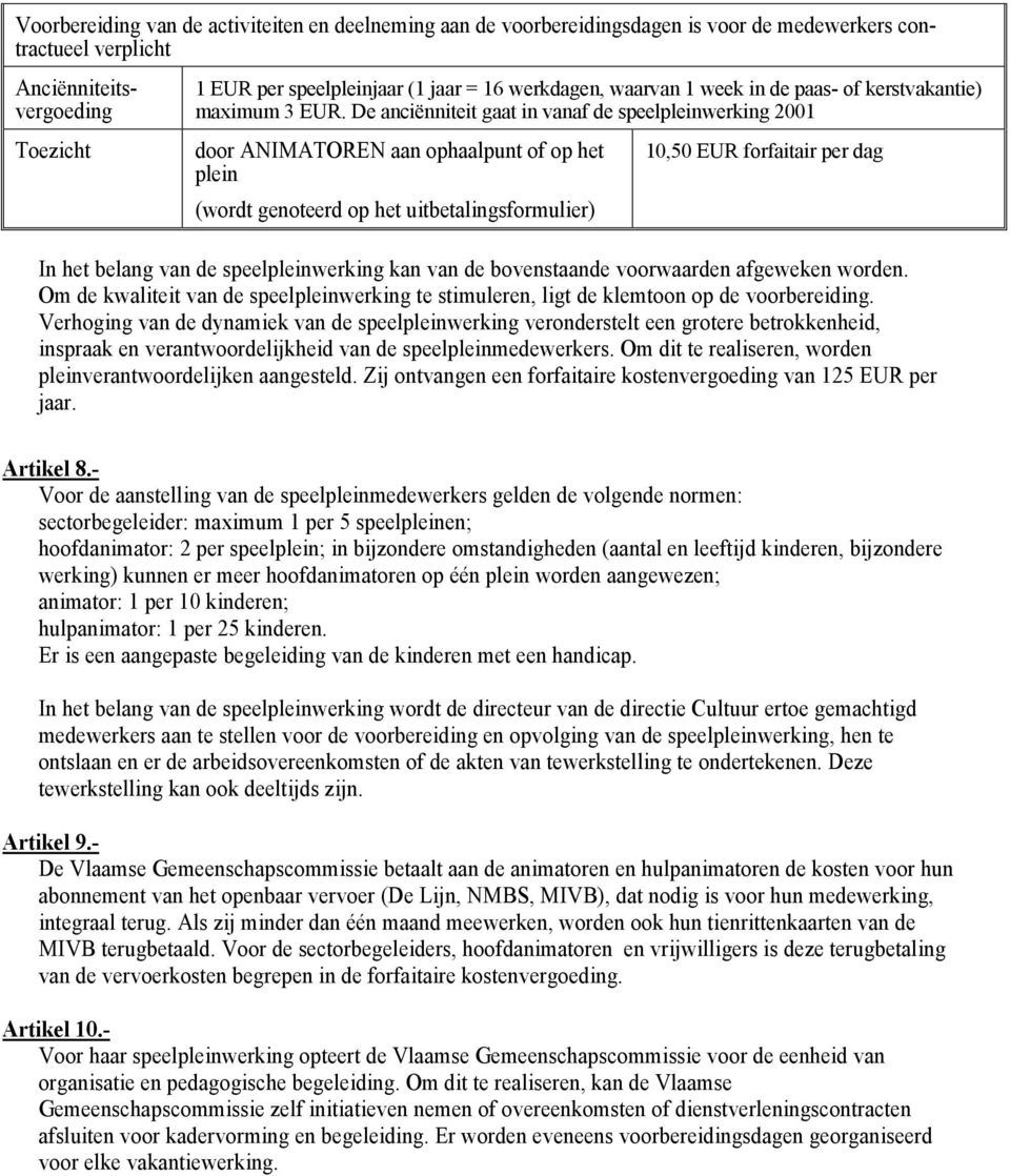 De anciënniteit gaat in vanaf de speelpleinwerking 2001 door ANIMATOREN aan ophaalpunt of op het plein (wordt genoteerd op het uitbetalingsformulier) 10,50 EUR forfaitair per dag In het belang van de