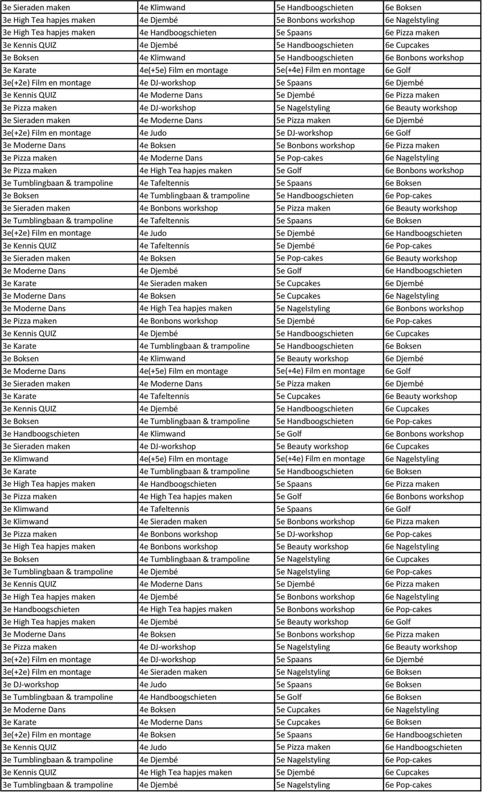 Film en montage 4e DJ-workshop 5e Spaans 6e Djembé 3e Kennis QUIZ 4e Moderne Dans 5e Djembé 6e Pizza maken 3e Pizza maken 4e DJ-workshop 5e Nagelstyling 6e Beauty workshop 3e Sieraden maken 4e