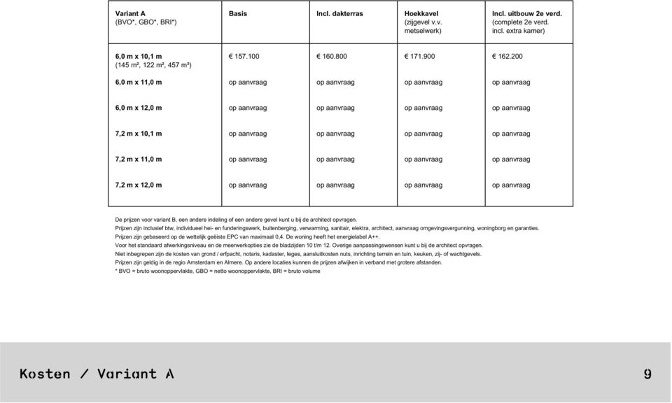 aanvraag op aanvraag 7,2 m x 11,0 m op aanvraag op aanvraag op aanvraag op aanvraag 7,2 m x 12,0 m op aanvraag op aanvraag op aanvraag op aanvraag De prijzen voor variant B, een andere indeling of