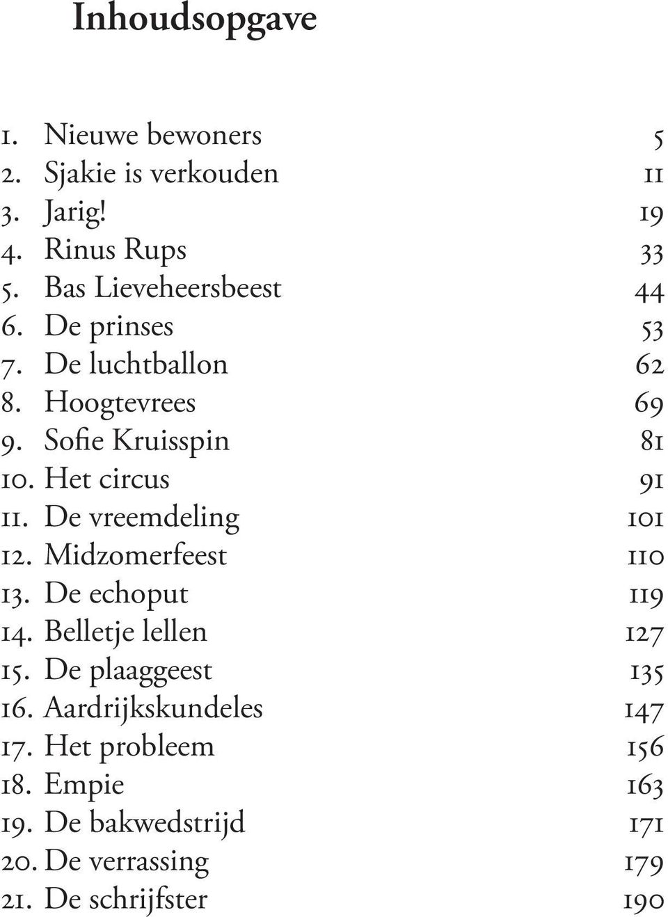 Het circus 91 11. De vreemdeling 101 12. Midzomerfeest 110 13. De echoput 119 14. Belletje lellen 127 15.