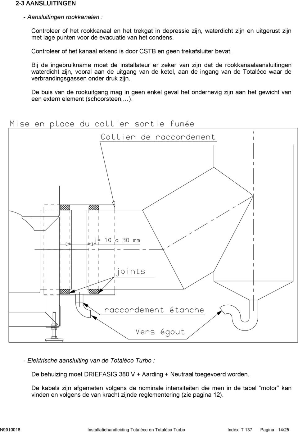 Bij de ingebruikname moet de installateur er zeker van zijn dat de rookkanaalaansluitingen waterdicht zijn, vooral aan de uitgang van de ketel, aan de ingang van de Totaléco waar de