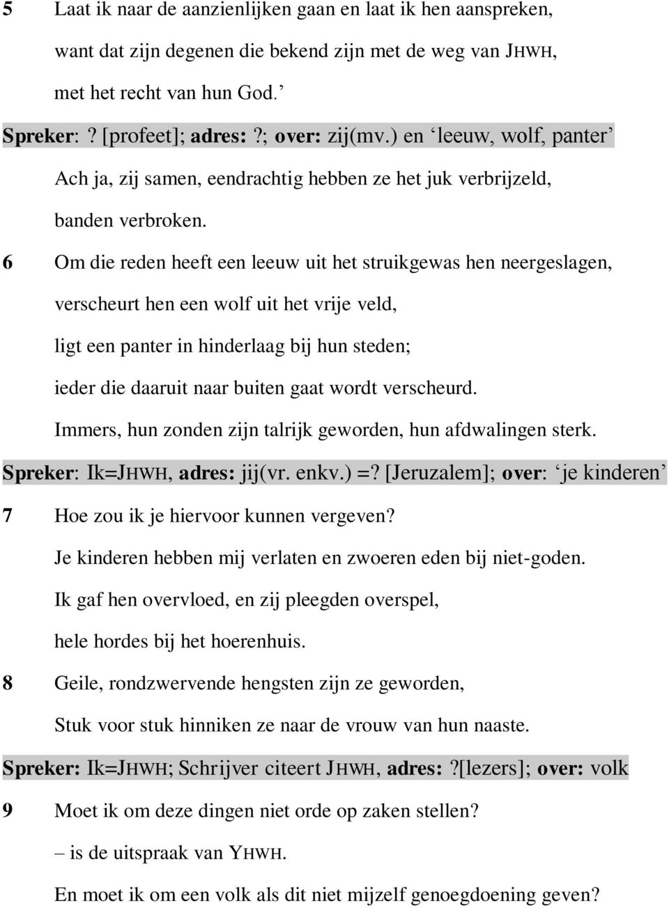 6 Om die reden heeft een leeuw uit het struikgewas hen neergeslagen, verscheurt hen een wolf uit het vrije veld, ligt een panter in hinderlaag bij hun steden; ieder die daaruit naar buiten gaat wordt