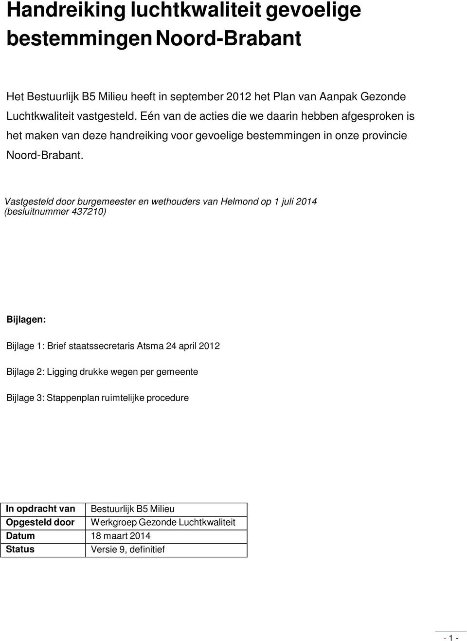 Vastgesteld door burgemeester en wethouders van Helmond op 1 juli 2014 (besluitnummer 437210) Bijlagen: Bijlage 1: Brief staatssecretaris Atsma 24 april 2012 Bijlage 2: