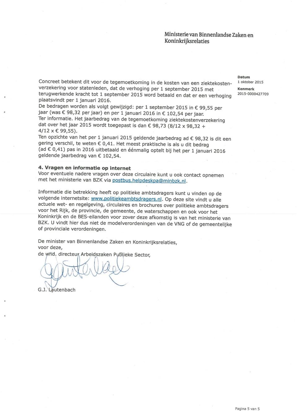 verhoging per 1 september 2015 met Kenmerk G.J. Lautenbach de whd.