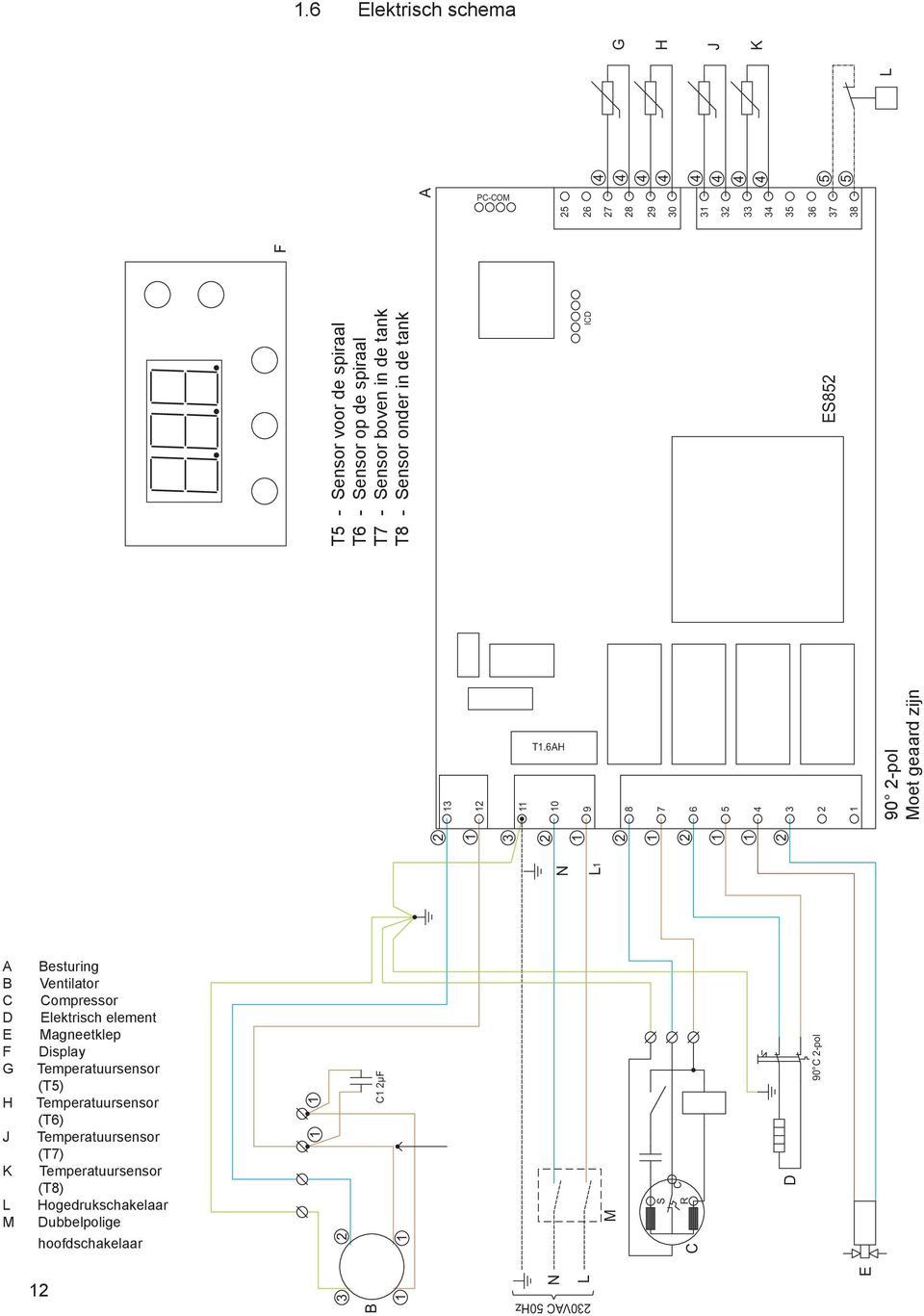 Sensor boven in de tank T8 - Sensor onder in de tank 25 26 27 28 29 1 1 2 3 30 31 32 33 34 35 36 37 38 4 4 4 4 4 4 4 4 5 5 L G C1 2µF B H J K A B C D E F