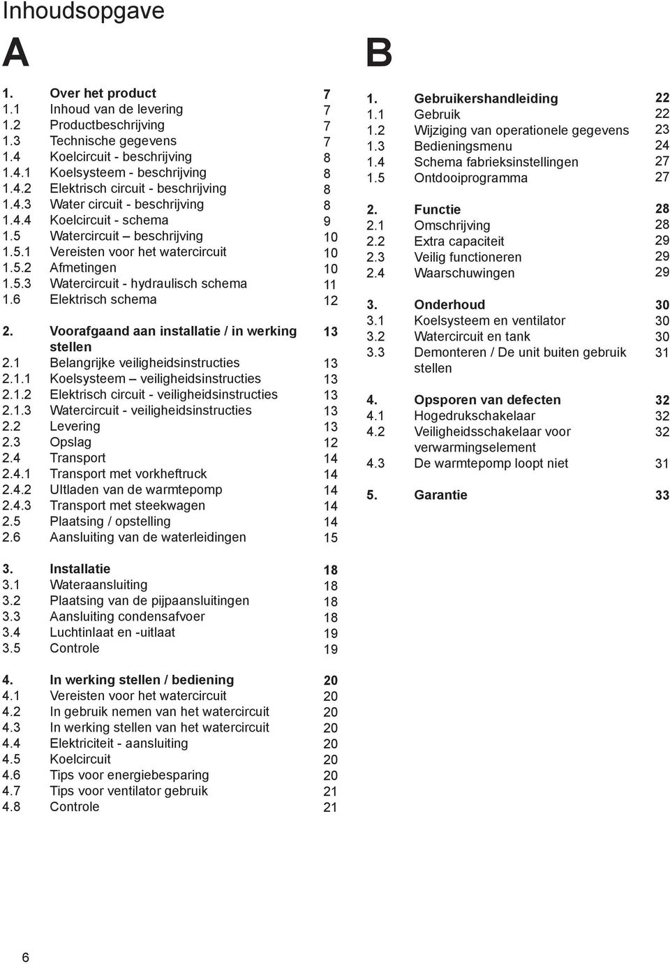 6 Elektrisch schema 2. Voorafgaand aan installatie / in werking stellen 2.1 Belangrijke veiligheidsinstructies 2.1.1 Koelsysteem veiligheidsinstructies 2.1.2 Elektrisch circuit - veiligheidsinstructies 2.