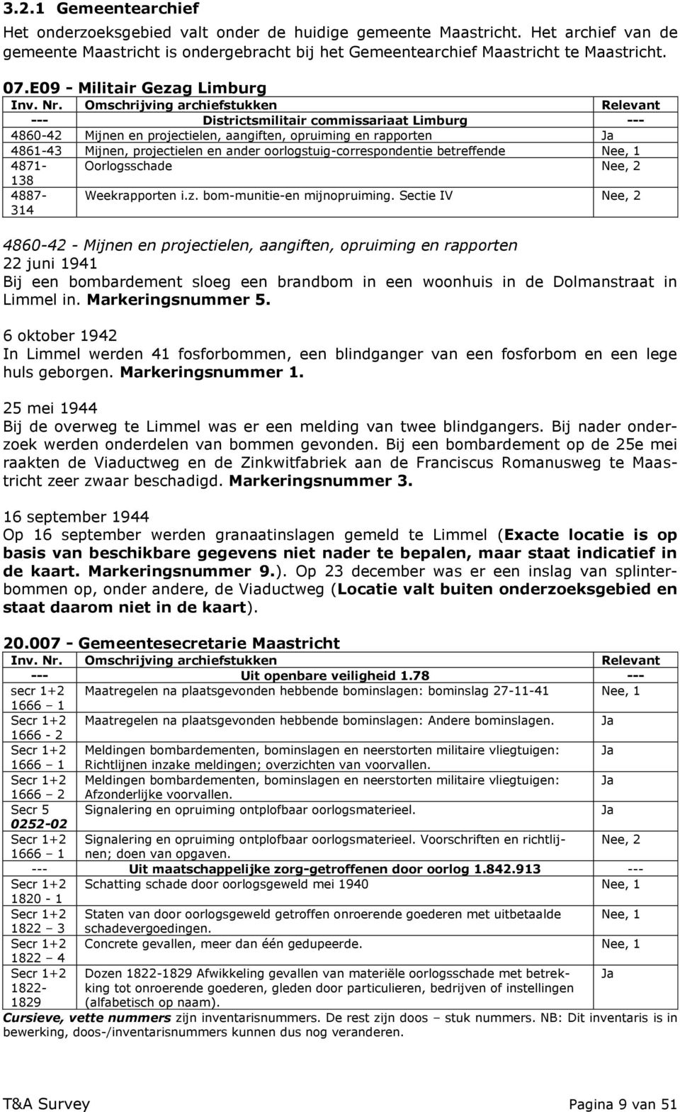 Omschrijving archiefstukken Relevant --- Districtsmilitair commissariaat Limburg --- 4860-42 Mijnen en projectielen, aangiften, opruiming en rapporten Ja 4861-43 Mijnen, projectielen en ander