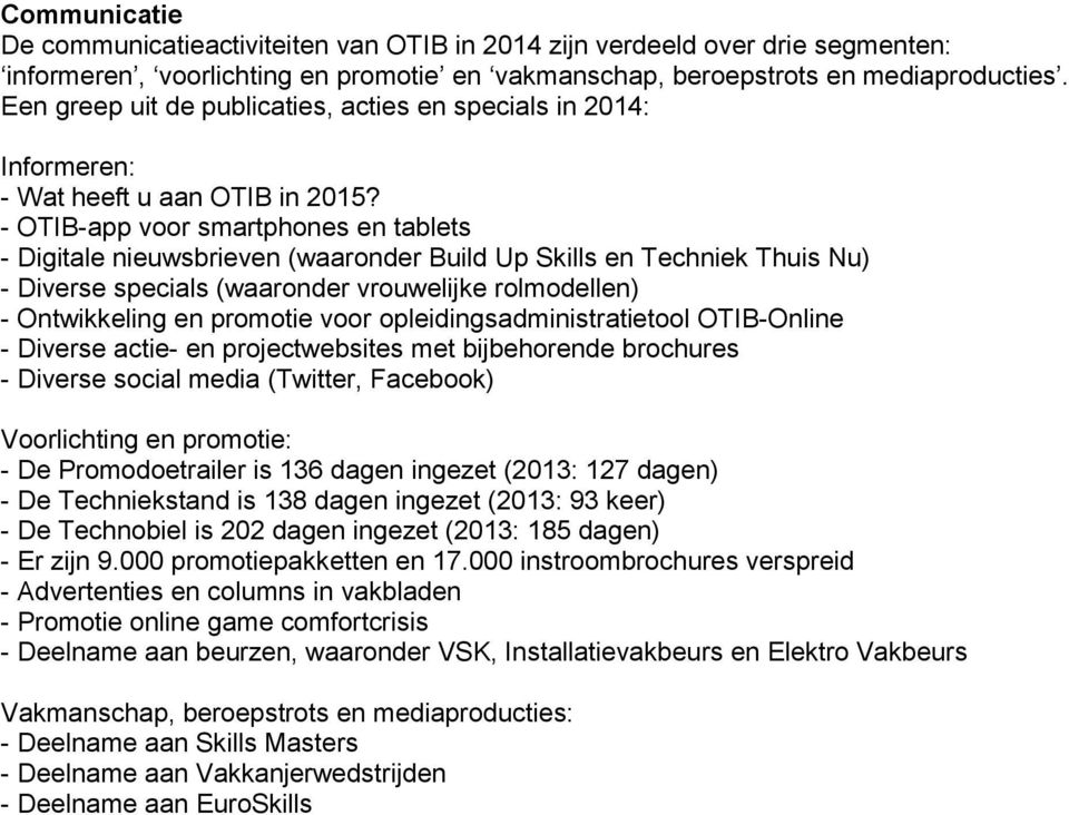 - OTIB-app voor smartphones en tablets - Digitale nieuwsbrieven (waaronder Build Up Skills en Techniek Thuis Nu) - Diverse specials (waaronder vrouwelijke rolmodellen) - Ontwikkeling en promotie voor