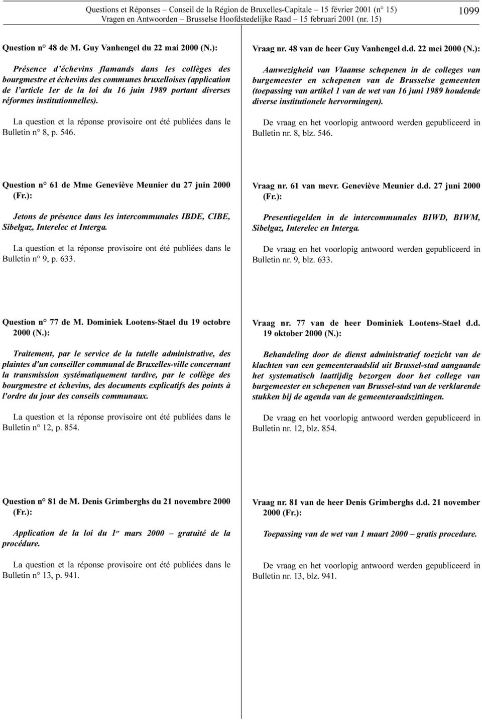 institutionnelles). La question et la réponse provisoire ont été publiées dans le Bulletin n 8, p. 546. Vraag nr. 48 van de heer Guy Vanhengel d.d. 22 mei 2000 (N.