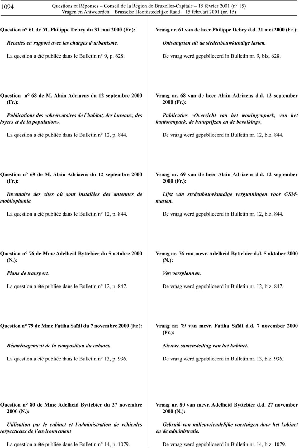 9, blz. 628. Question n 68 de M. Alain Adriaens du 12 septembre 2000 Publications des «observatoires de l habitat, des bureaux, des loyers et de la population».