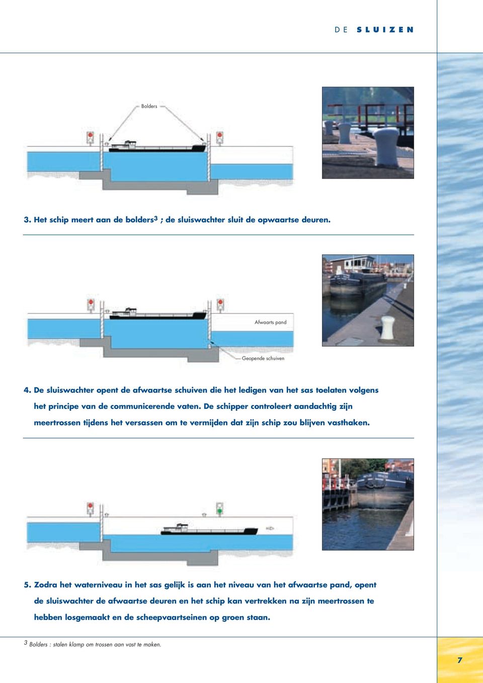 De schipper controleert aandachtig zijn meertrossen tijdens het versassen om te vermijden dat zijn schip zou blijven vasthaken. 5.