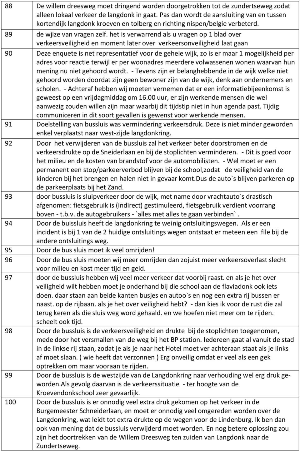 het is verwarrend als u vragen op 1 blad over verkeersveiligheid en moment later over verkeersonveiligheid laat gaan 90 Deze enquete is net representatief voor de gehele wijk, zo is er maar 1