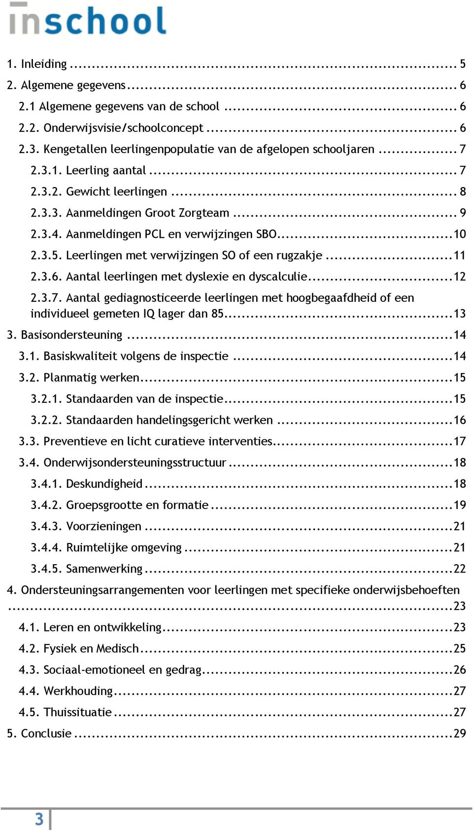 Aantal leerlingen met dyslexie en dyscalculie... 12 2.3.7. Aantal gediagnosticeerde leerlingen met hoogbegaafdheid of een individueel gemeten IQ lager dan 85... 13 3. Basisondersteuning... 14 3.1. Basiskwaliteit volgens de inspectie.