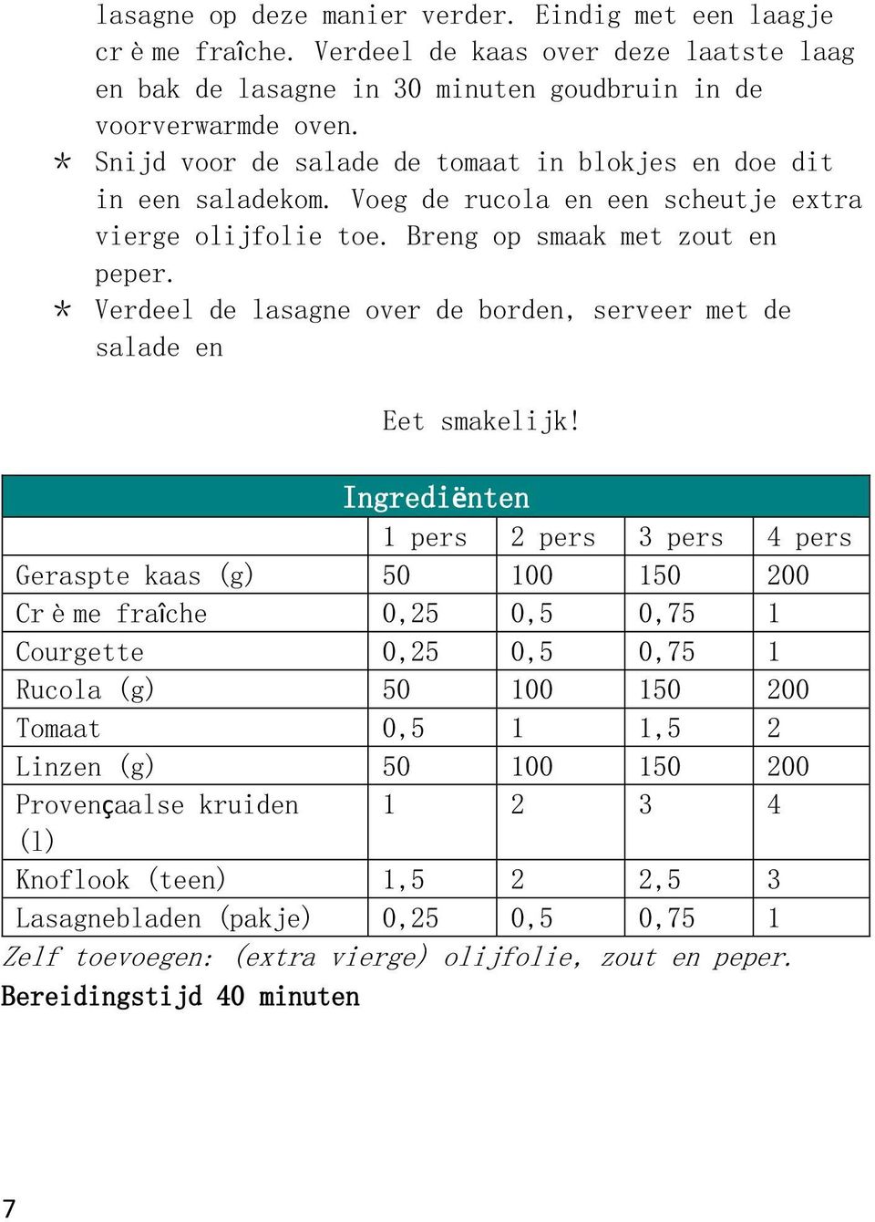 * Verdeel de lasagne over de borden, serveer met de salade en Eet smakelijk!