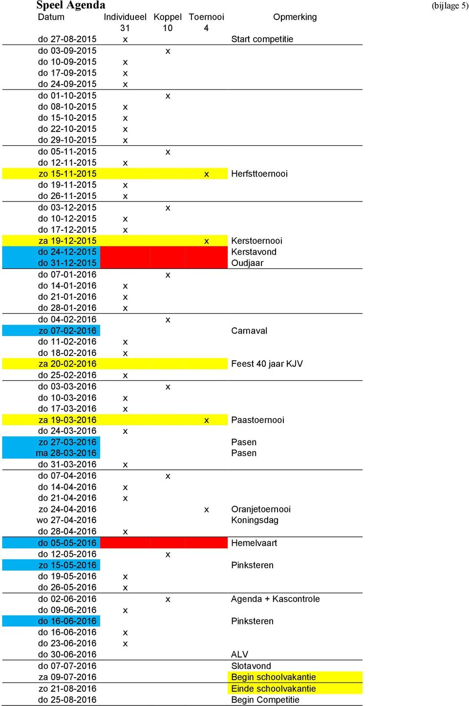 Kerstavond do 31-12-2015 Oudjaar do 07-01-2016 do 14-01-2016 do 21-01-2016 do 28-01-2016 do 04-02-2016 zo 07-02-2016 Carnaval do 11-02-2016 do 18-02-2016 za 20-02-2016 Feest 40 jaar KJV do 25-02-2016